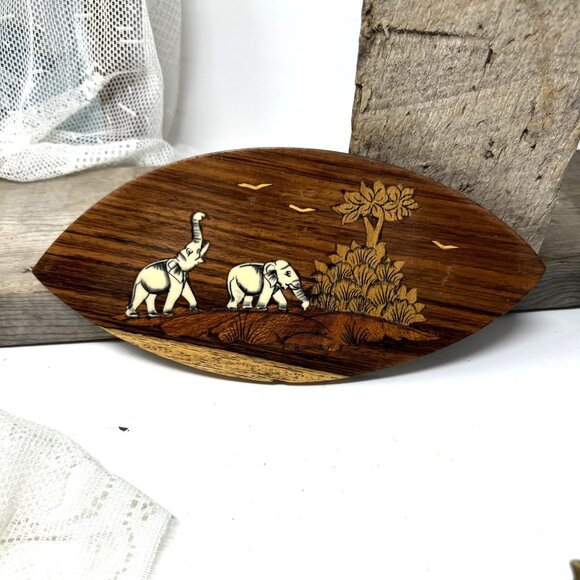 Vintage Handcrafted African Safari Wooden Artwork  Elephants  Plaque - Picture 5 of 7